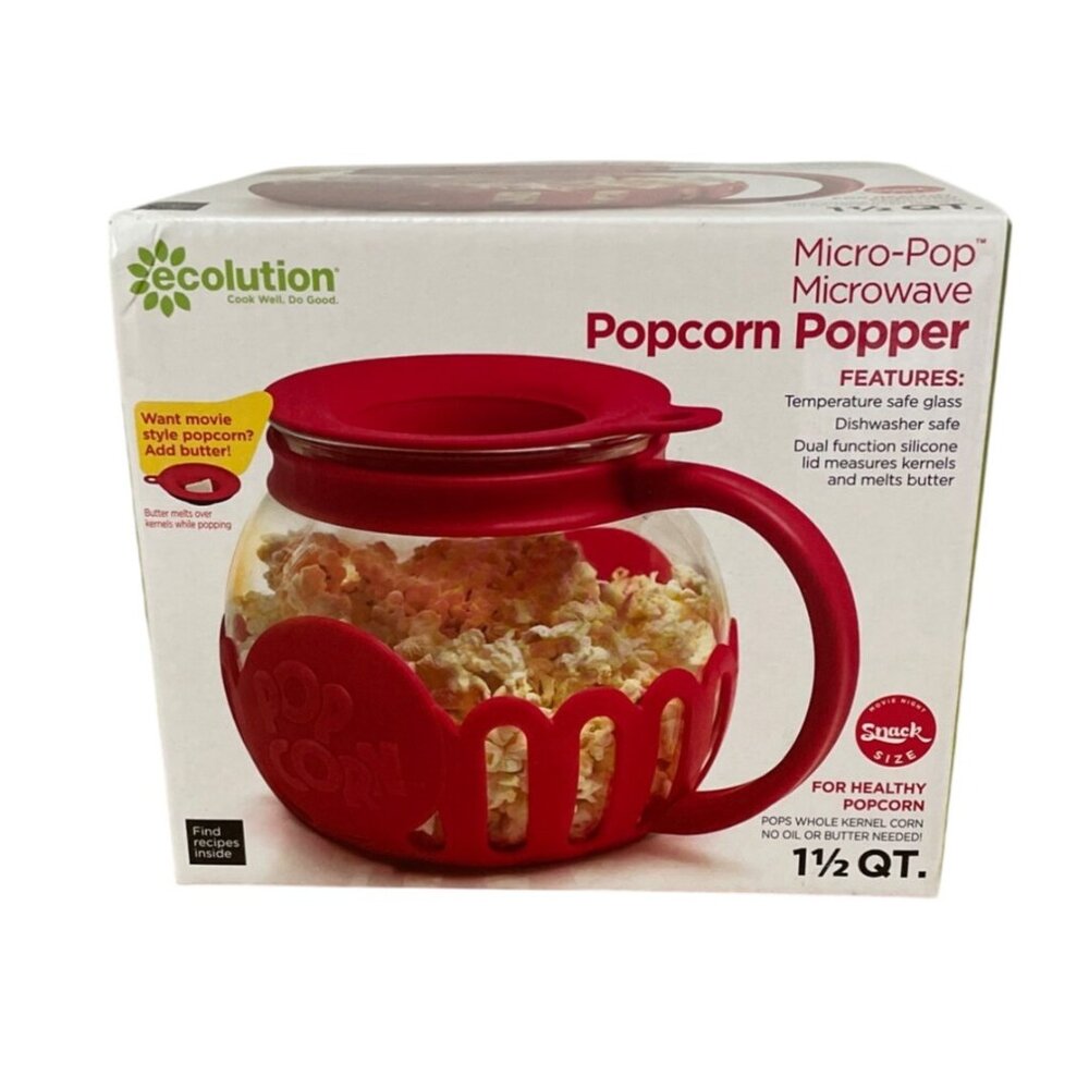 Ecolution Micro-Pop Microwave Popcorn Popper 1.5 QT Red Glass and Silicone New